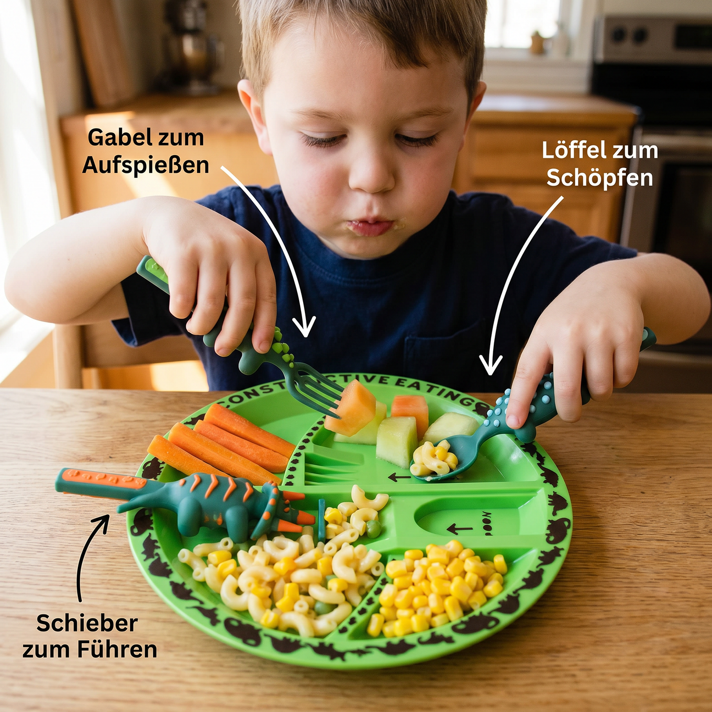 Geschirr und Besteckset im Dino-Design