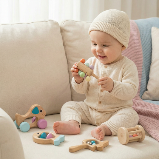 Baby Geschenkset aus Holz – Rassel- & Musikspielzeug für Neugeborene