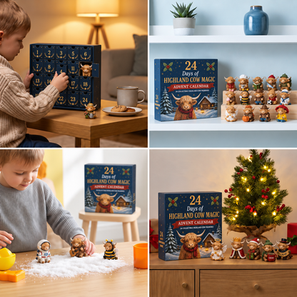 24-Tage-Adventskalender mit Highland-Rindern als sammelbare Mini-Figuren