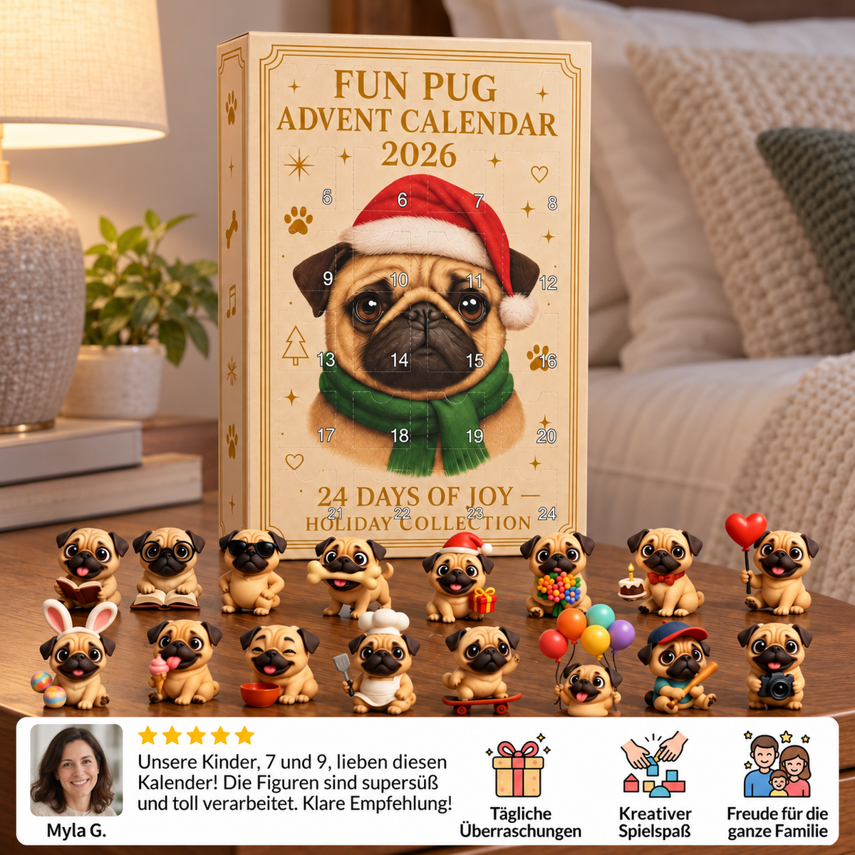 24-Tage Mops-Adventskalender mit Überraschungsfiguren