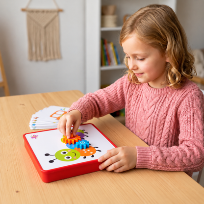 Kreative Zahnrad-Puzzle-Reisebox mit Aktivitätskarten für Kinder