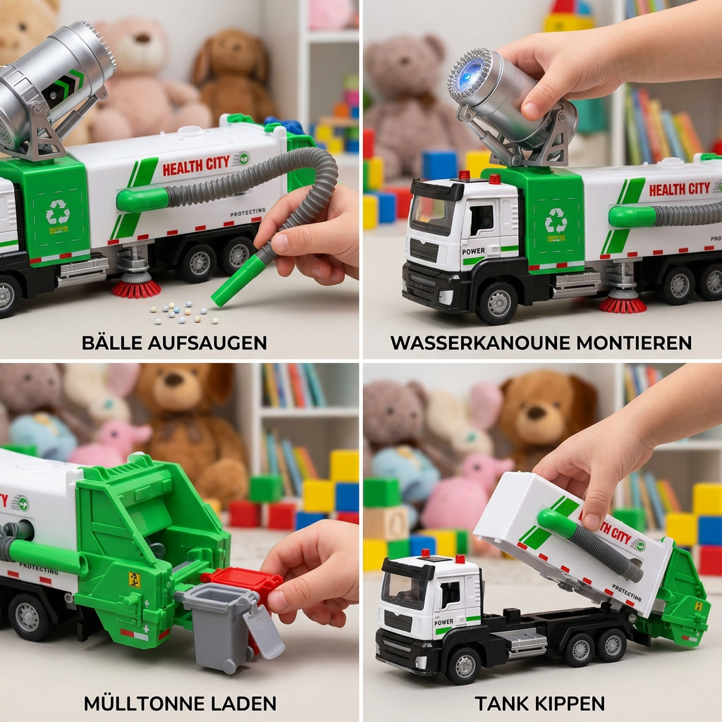 Spielzeug-Straßenkehrer aus Druckguss mit Saugschlauch und Sprühfunktion