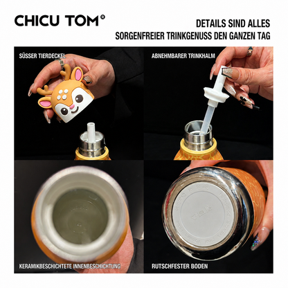 Süßer Cartoon-Tier-Thermobecher aus Edelstahl mit Strohhalm – 480 ml