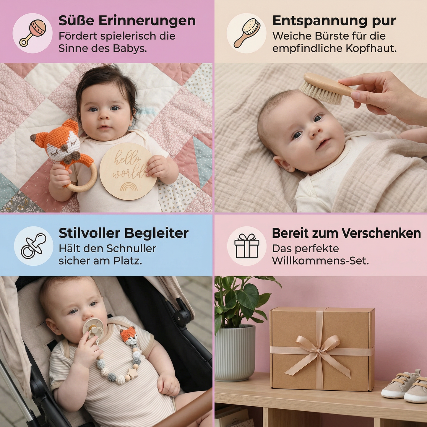 Neugeborenen Geschenkbox – Häkel-Tier Rassel, Holzspielzeug, Musselin Decke & Schnullerkette