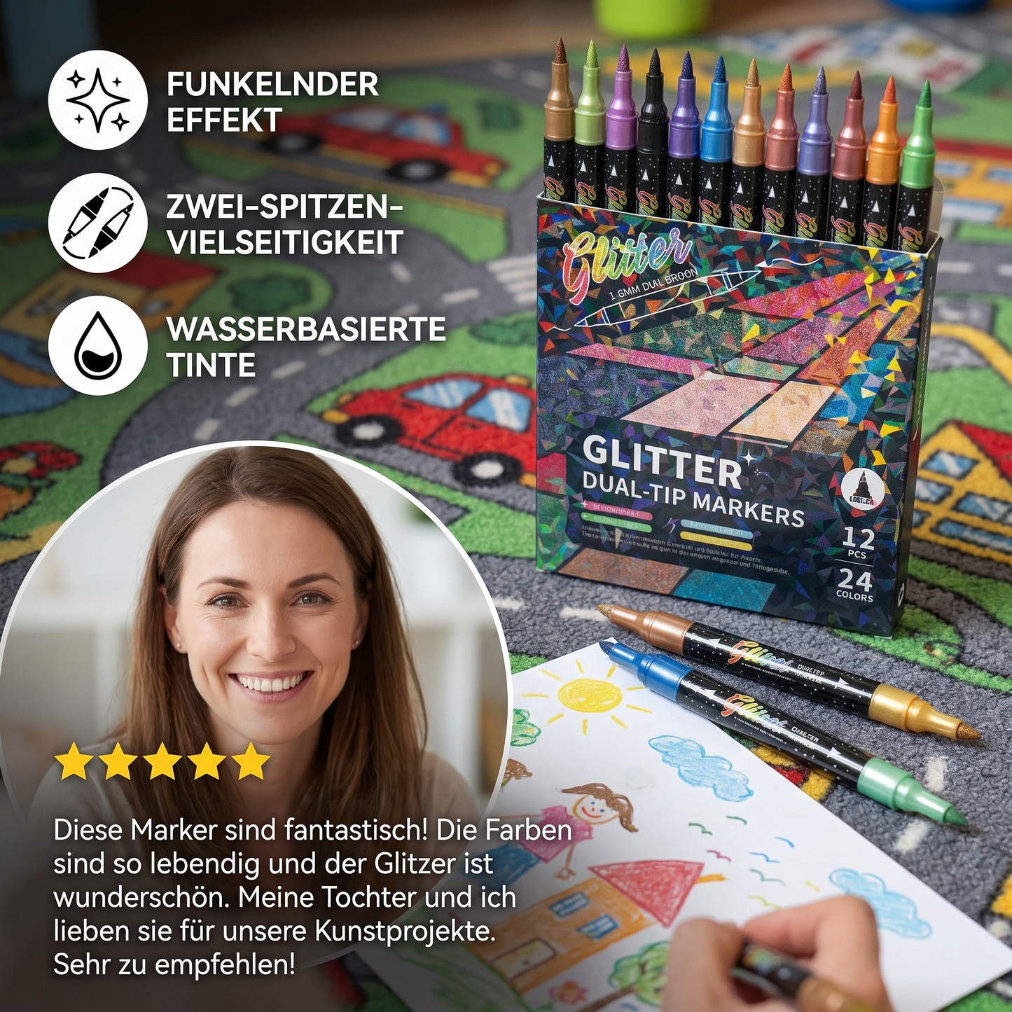 Glitzer-Pinselmarker-Set – Glitzernde Kunstmarker mit zwei Spitzen
