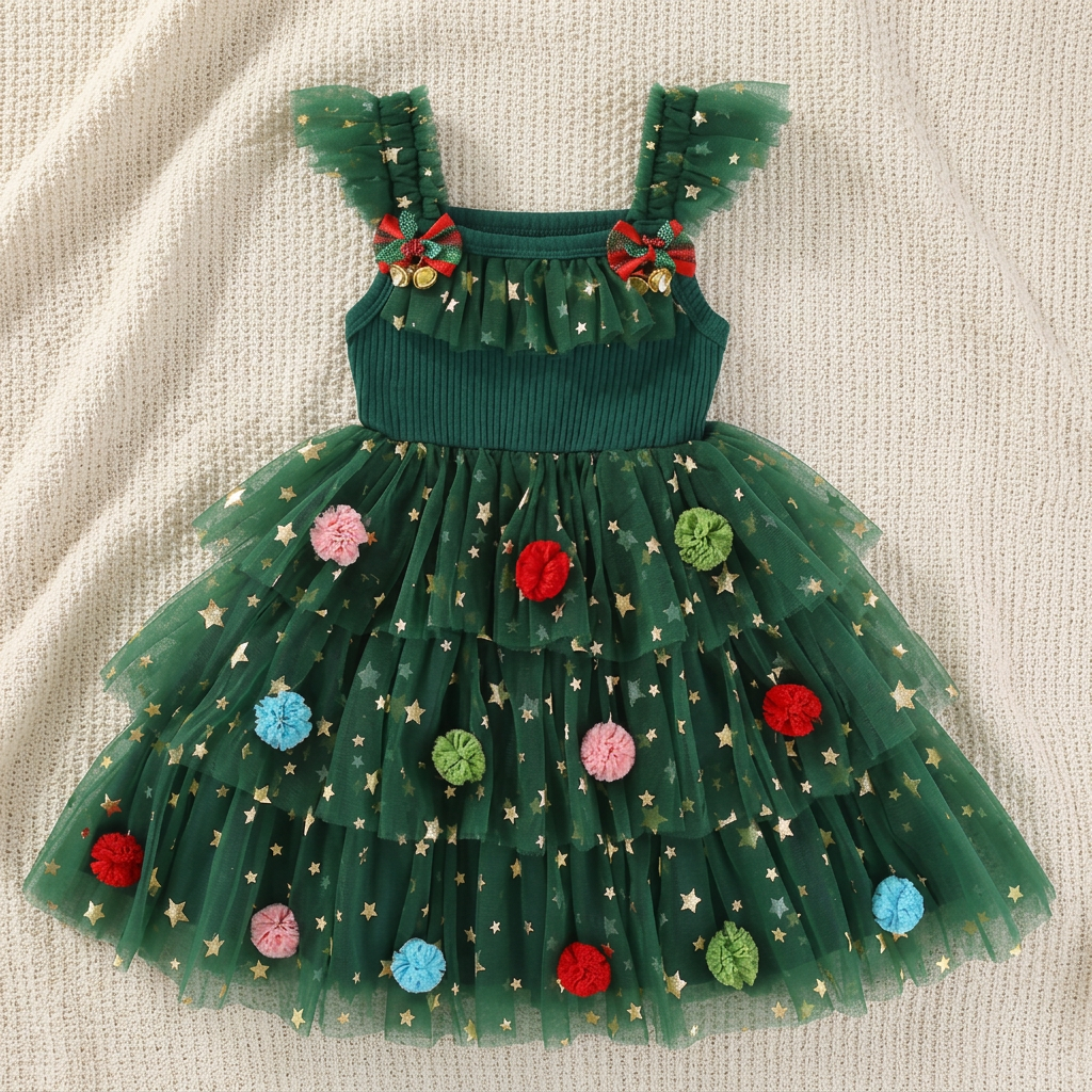 Weihnachtliches Tutu-Kleid für Mädchen mit Pompons, Paillettensternen & Rüschenärmeln
