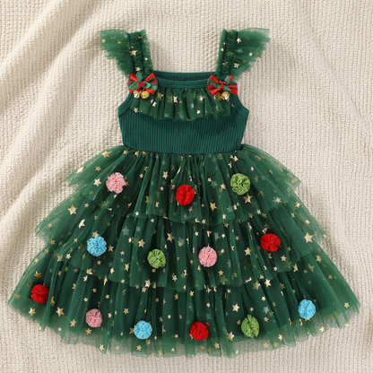 Weihnachtliches Tutu-Kleid für Mädchen mit Pompons, Paillettensternen & Rüschenärmeln