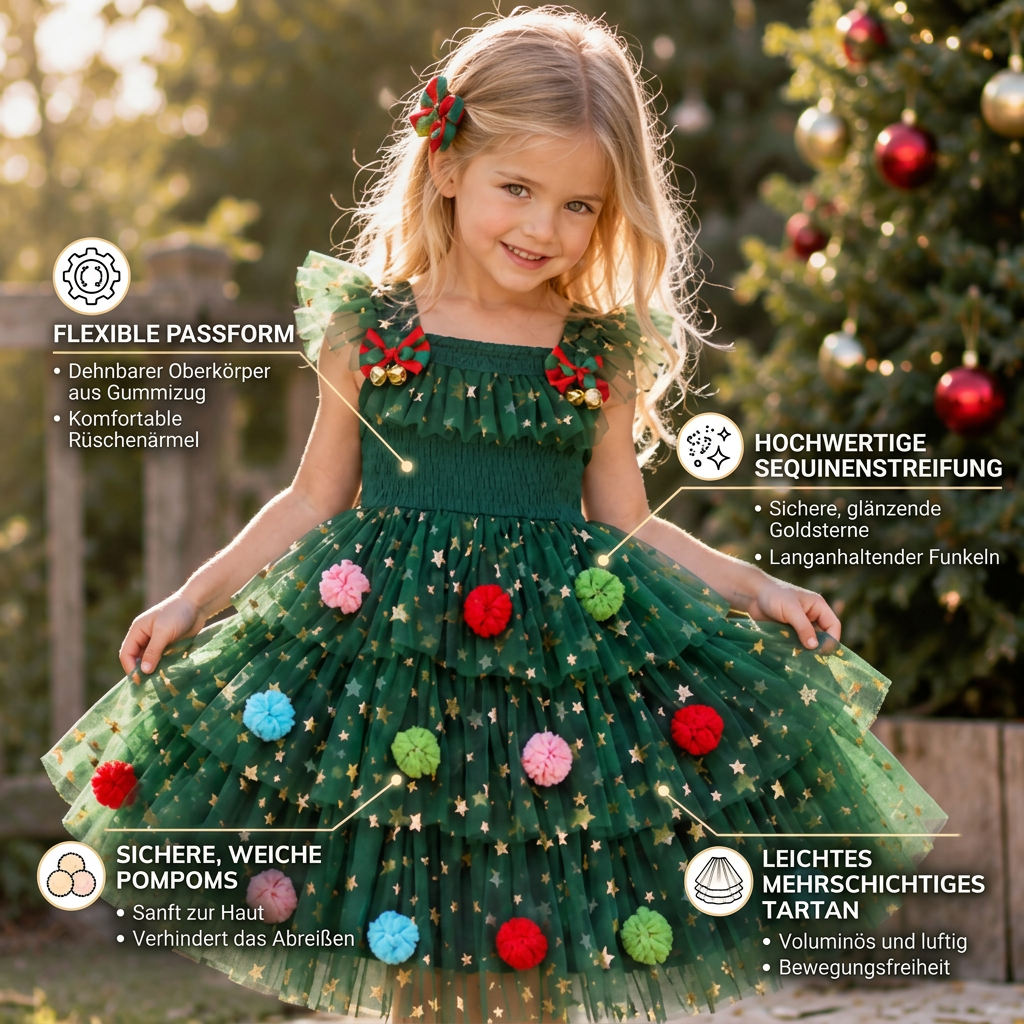 Weihnachtliches Tutu-Kleid für Mädchen mit Pompons, Paillettensternen & Rüschenärmeln