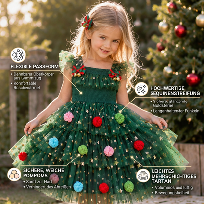 Weihnachtliches Tutu-Kleid für Mädchen mit Pompons, Paillettensternen & Rüschenärmeln