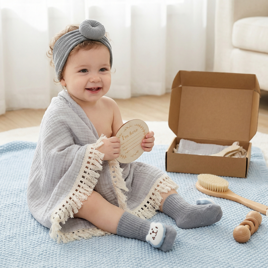 Baby Pflege Geschenkbox – Handtuch, Socken oder Haarband & Badebürste für Neugeborene