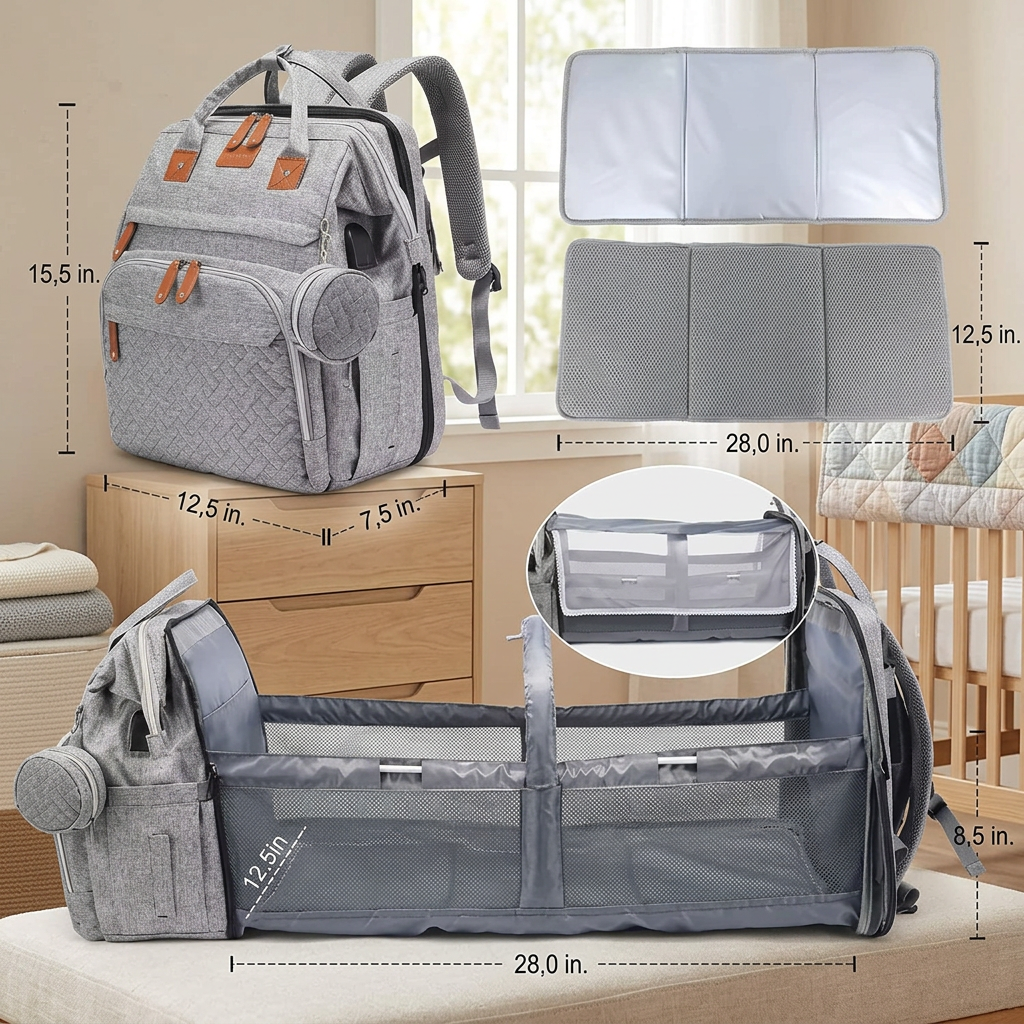 3-in-1 Reise Wickelrucksack mit faltbarem Babybett - Perfekt für Unterwegs!