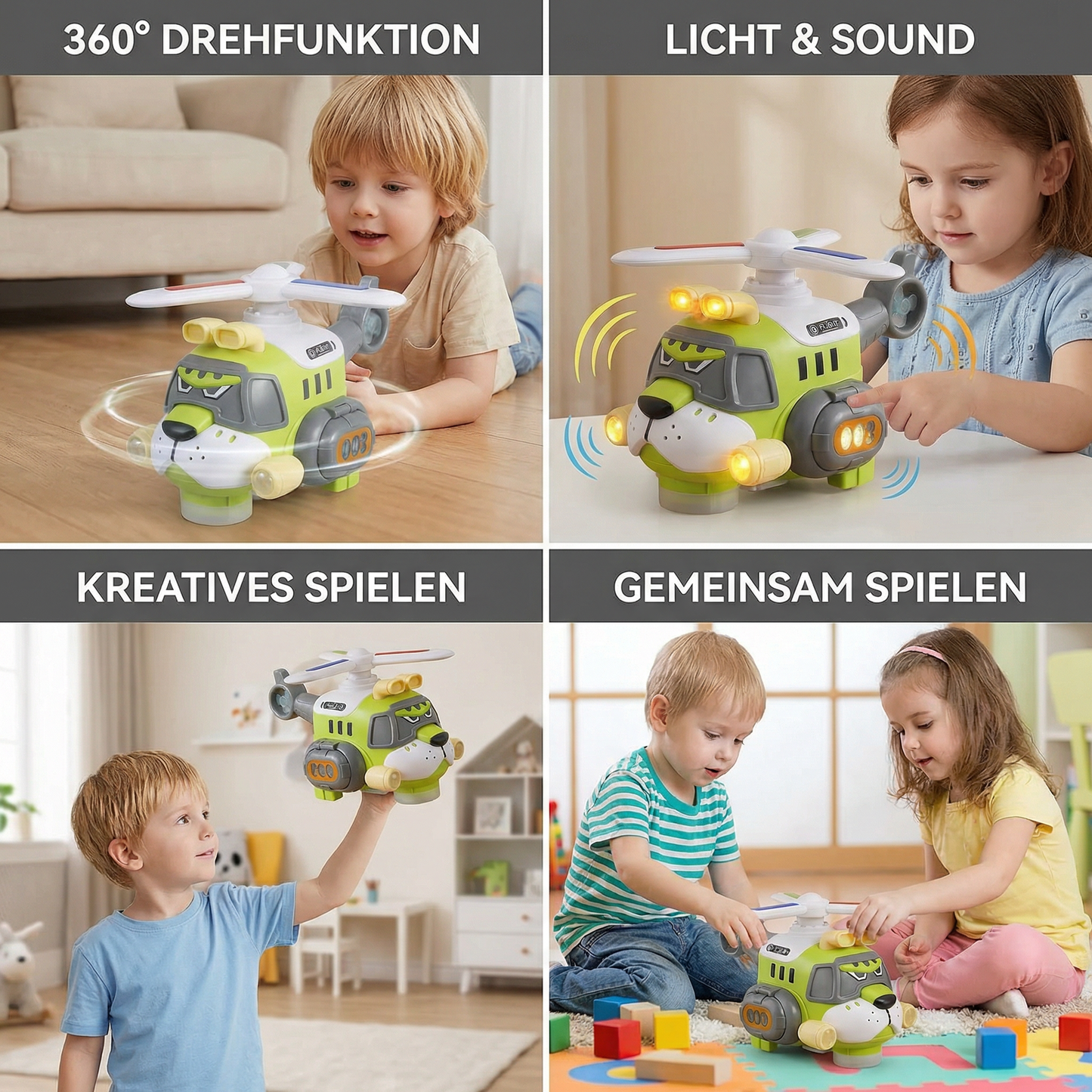 Lustiges Tiger-Flugzeug für Kinder – Spielzeug mit 360° Drehfunktion, Licht & Sound