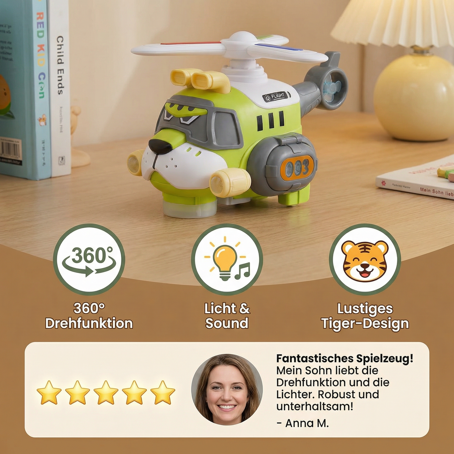 Lustiges Tiger-Flugzeug für Kinder – Spielzeug mit 360° Drehfunktion, Licht & Sound