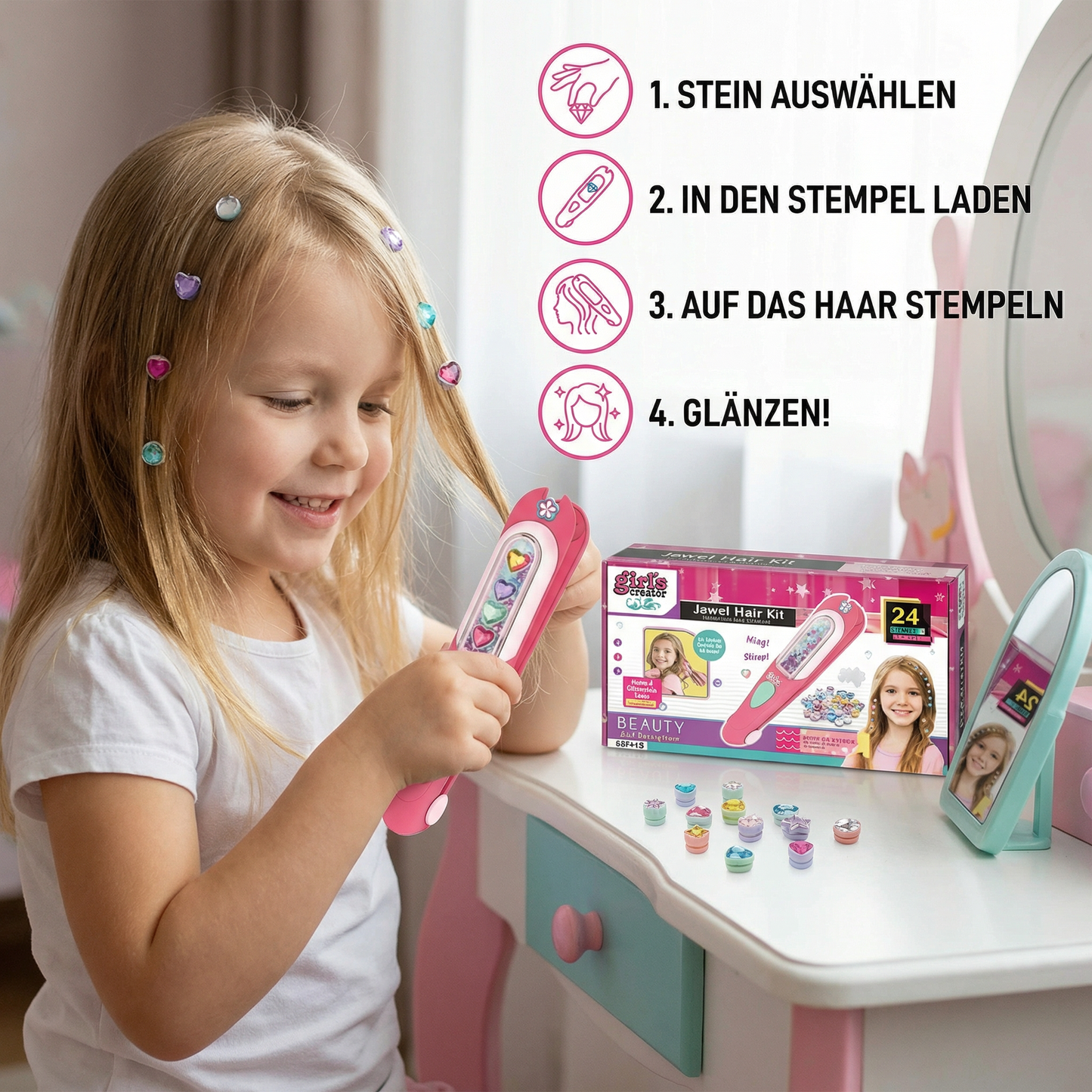 Haar-Glitzerstein Stempel Set für Kinder – Styling-Kit mit wiederverwendbaren Strasssteinen