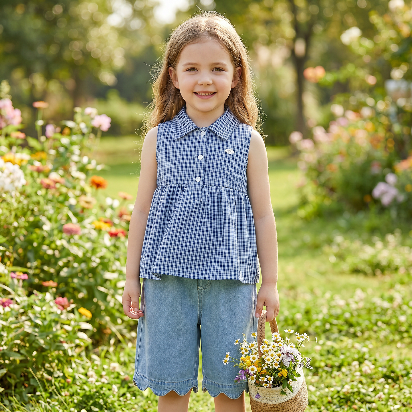 Frühlings- & Sommerliches 2-teiliges Mädchen-Set – Kariertes Top aus Baumwollmix mit vielseitiger Jeanshose