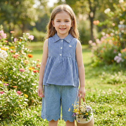 Frühlings- & Sommerliches 2-teiliges Mädchen-Set – Kariertes Top aus Baumwollmix mit vielseitiger Jeanshose