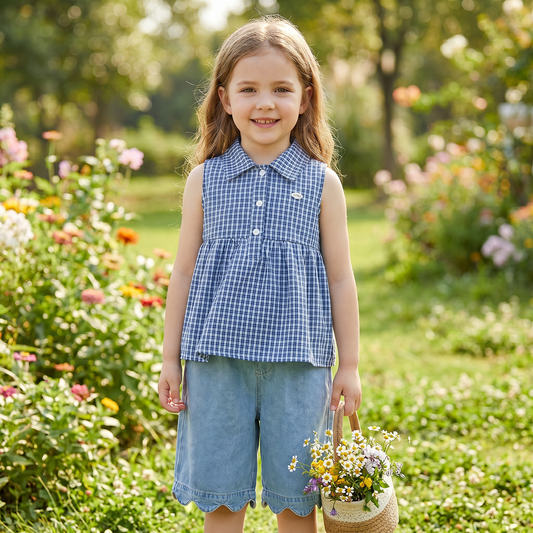 Frühlings- & Sommerliches 2-teiliges Mädchen-Set – Kariertes Top aus Baumwollmix mit vielseitiger Jeanshose