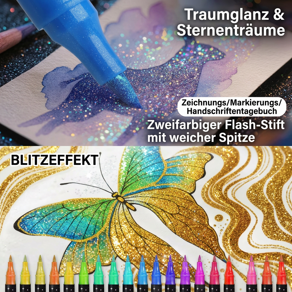 Glitzer-Pinselmarker-Set – Glitzernde Kunstmarker mit zwei Spitzen