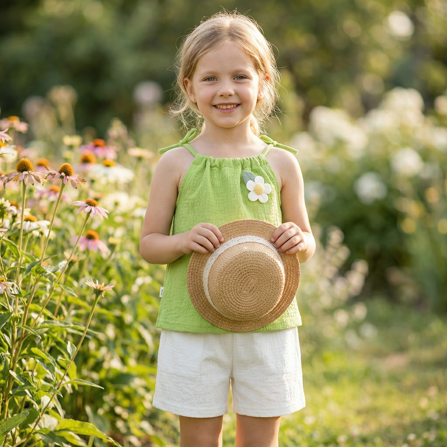Sommerliches 2-teiliges Mädchen-Set im Koreanischen Stil – Blumen-Trägeroberteil mit Shorts