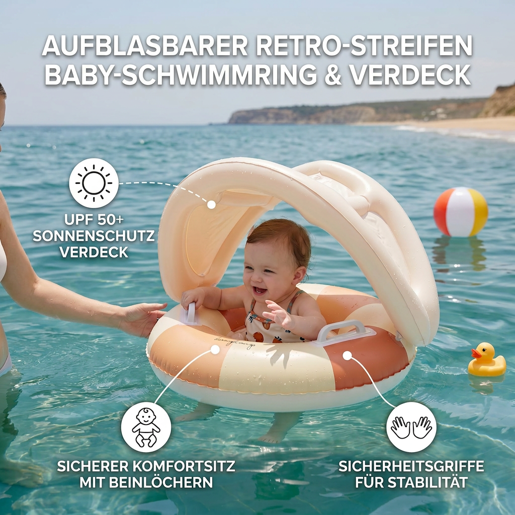 Aufblasbarer Retro Streifen Baby-Schwimmring mit abnehmbaren Sonnendach – Sicherer Sitz von 6–36 Monaten