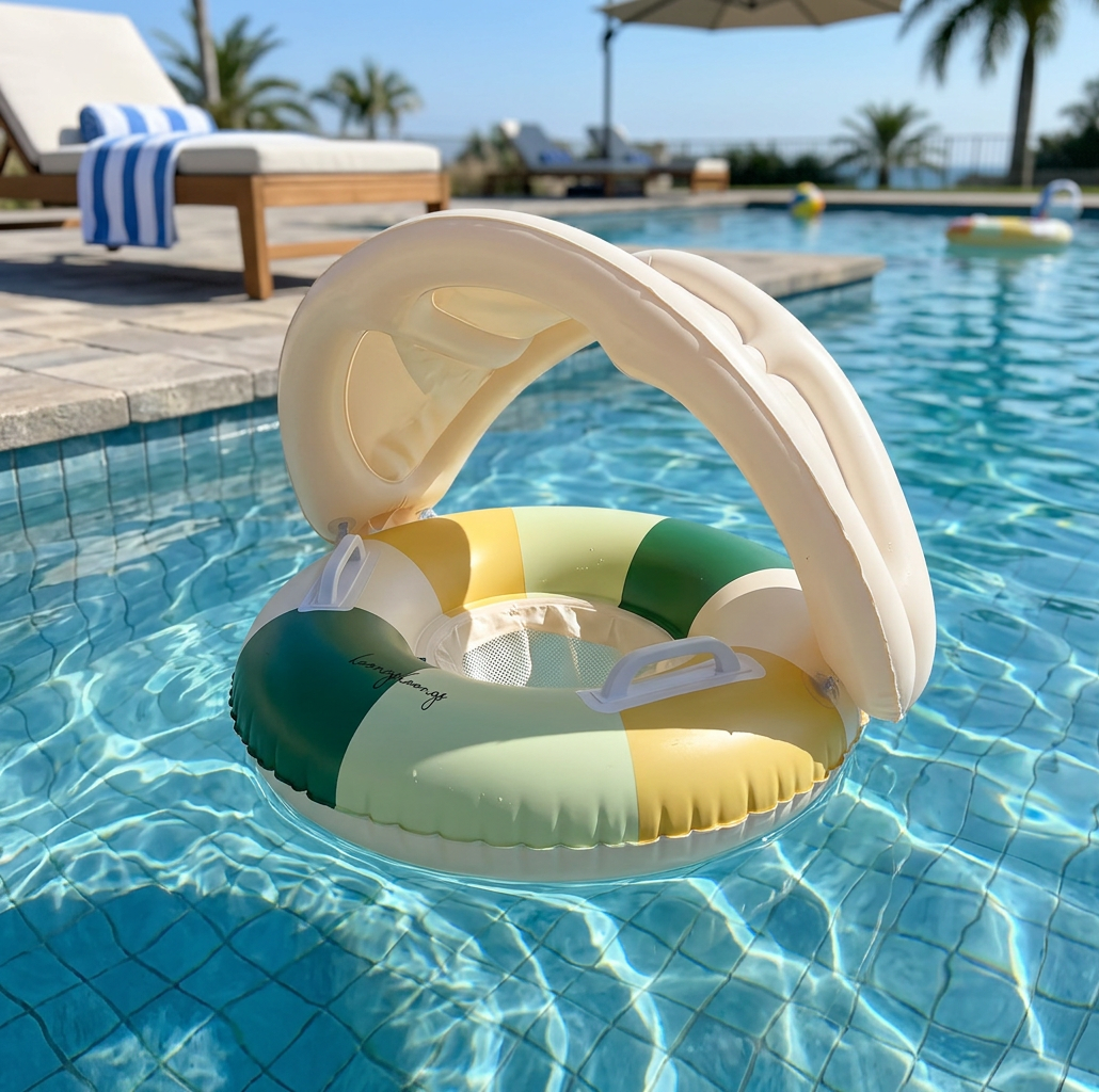 Aufblasbarer Retro Streifen Baby-Schwimmring mit abnehmbaren Sonnendach – Sicherer Sitz von 6–36 Monaten