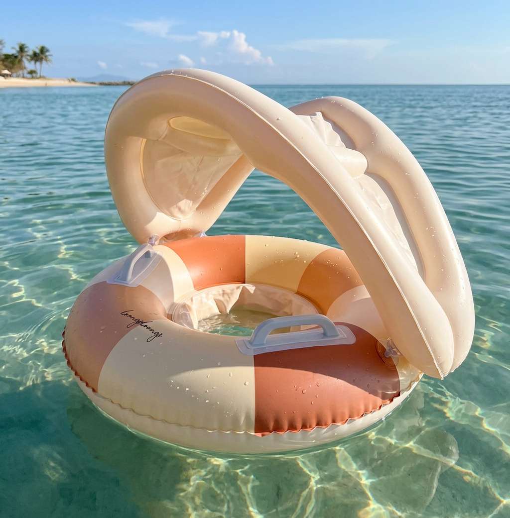 Aufblasbarer Retro Streifen Baby-Schwimmring mit abnehmbaren Sonnendach – Sicherer Sitz von 6–36 Monaten
