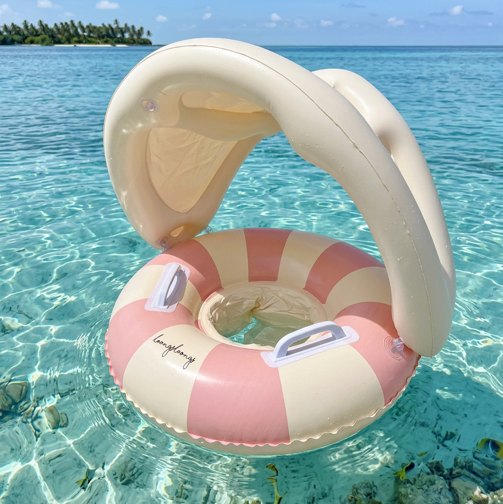 Aufblasbarer Retro Streifen Baby-Schwimmring mit abnehmbaren Sonnendach – Sicherer Sitz von 6–36 Monaten