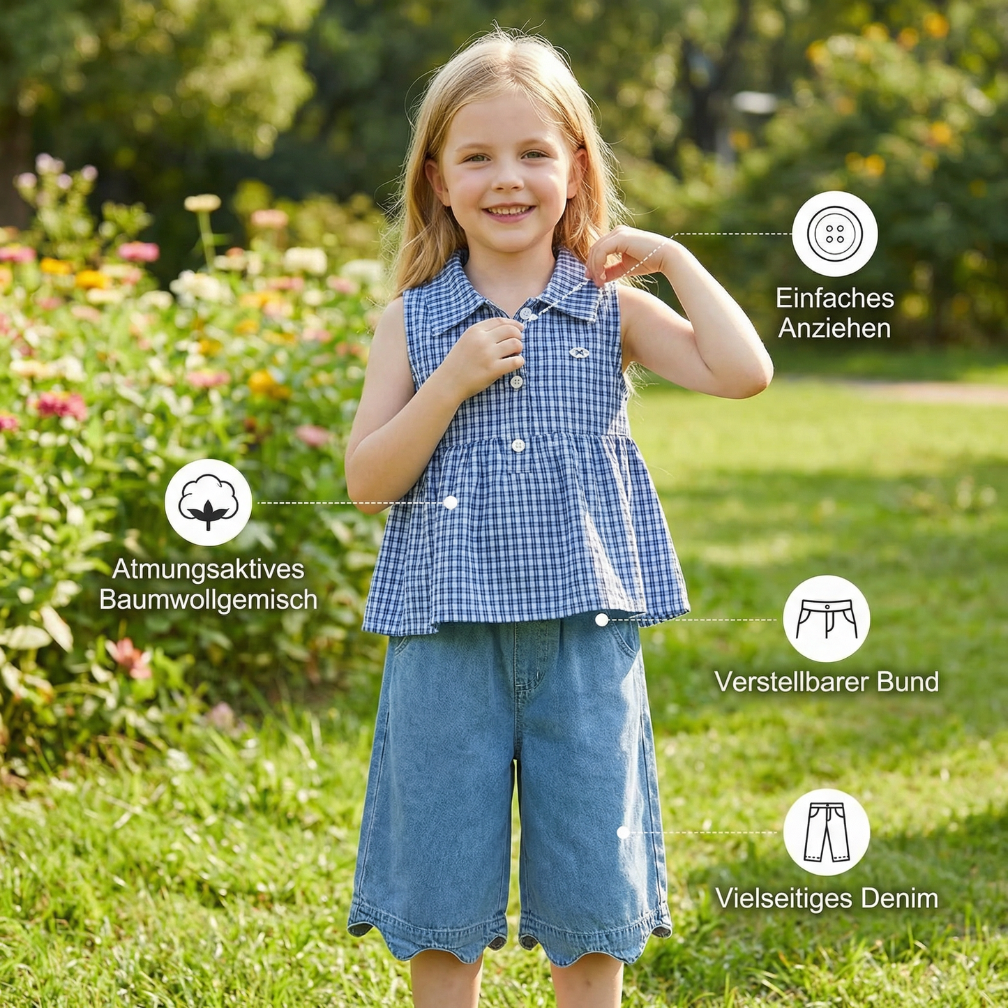 Frühlings- & Sommerliches 2-teiliges Mädchen-Set – Kariertes Top aus Baumwollmix mit vielseitiger Jeanshose