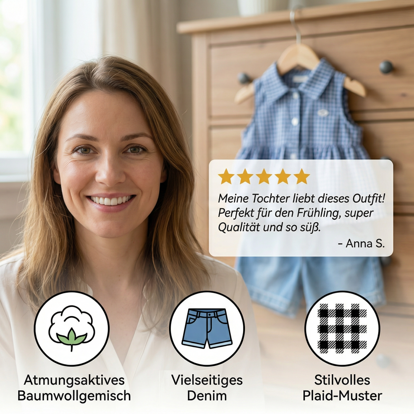 Frühlings- & Sommerliches 2-teiliges Mädchen-Set – Kariertes Top aus Baumwollmix mit vielseitiger Jeanshose