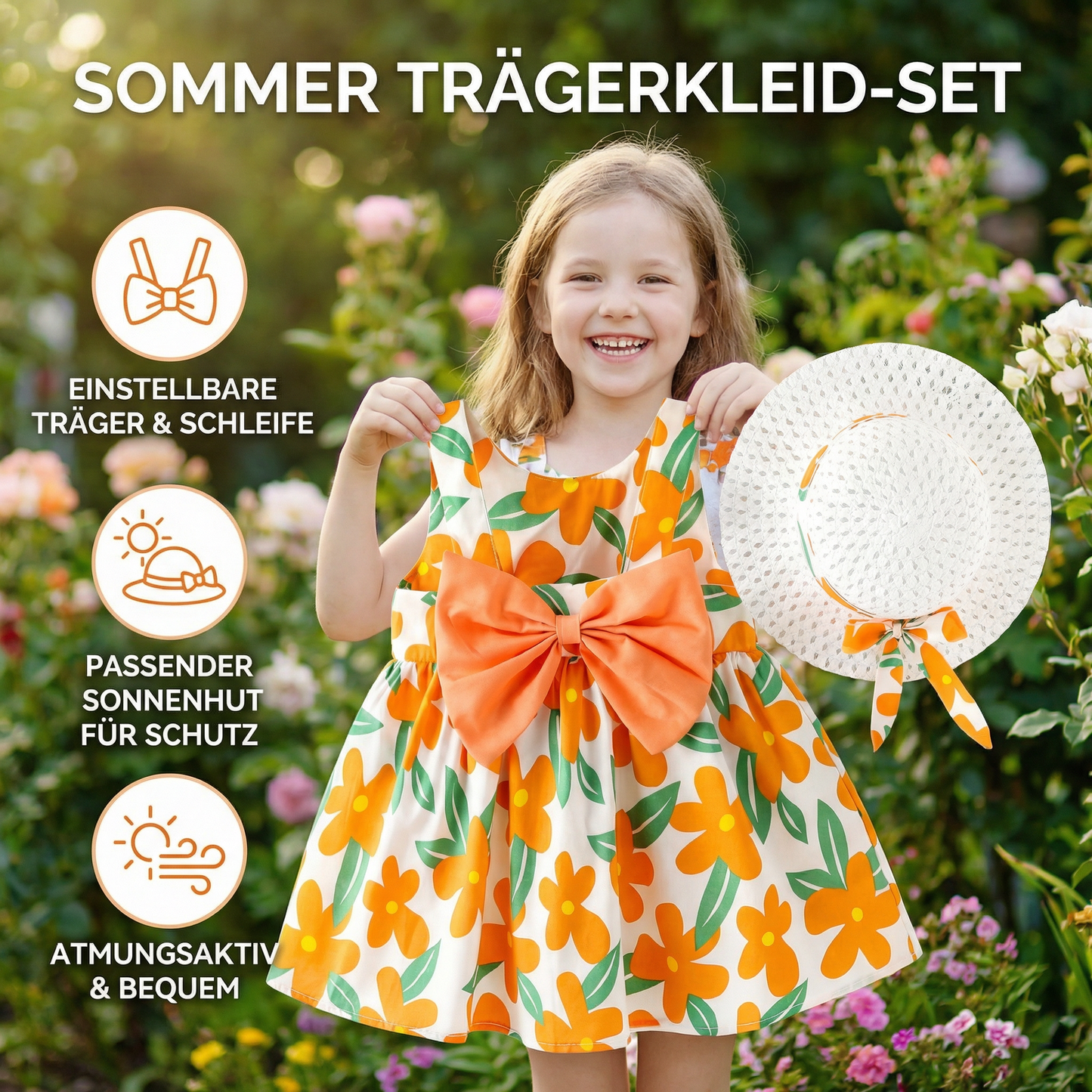 Sommerliches Trägerkleid Set für Baby- & Kleinkinder – Ärmelloses Kleid mit Schleife und Hut