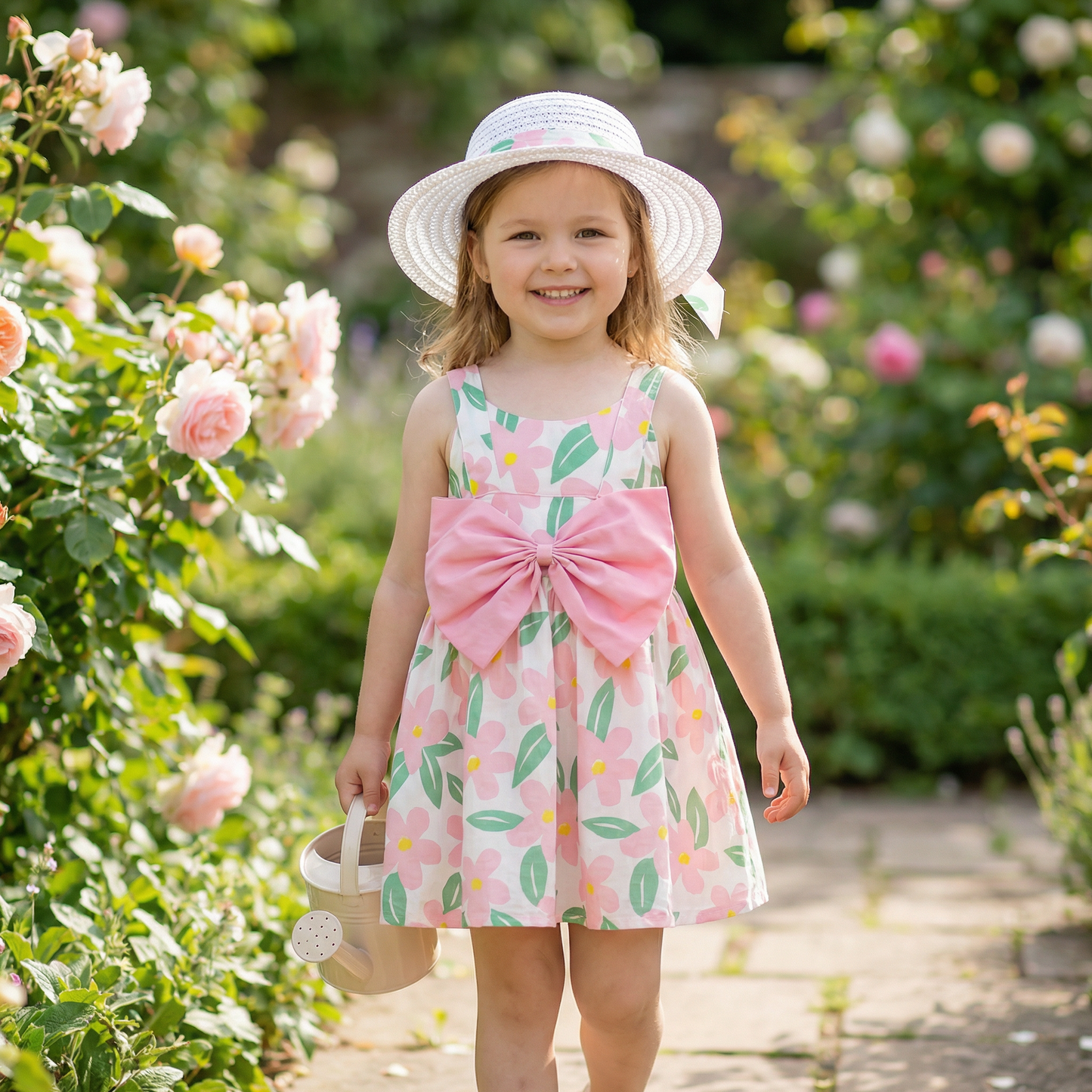 Sommerliches Trägerkleid Set für Baby- & Kleinkinder – Ärmelloses Kleid mit Schleife und Hut