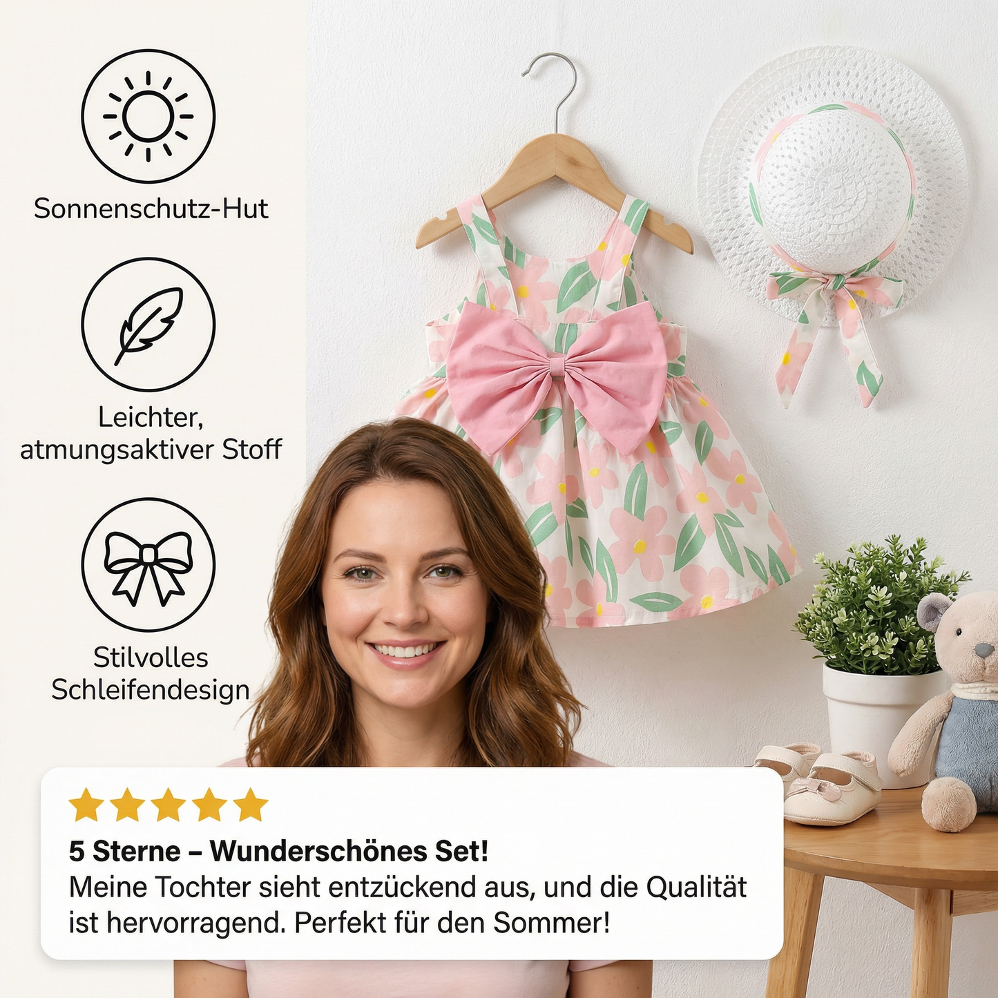 Sommerliches Trägerkleid Set für Baby- & Kleinkinder – Ärmelloses Kleid mit Schleife und Hut