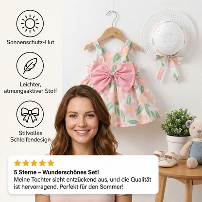 Sommerliches Trägerkleid Set für Baby- & Kleinkinder – Ärmelloses Kleid mit Schleife und Hut