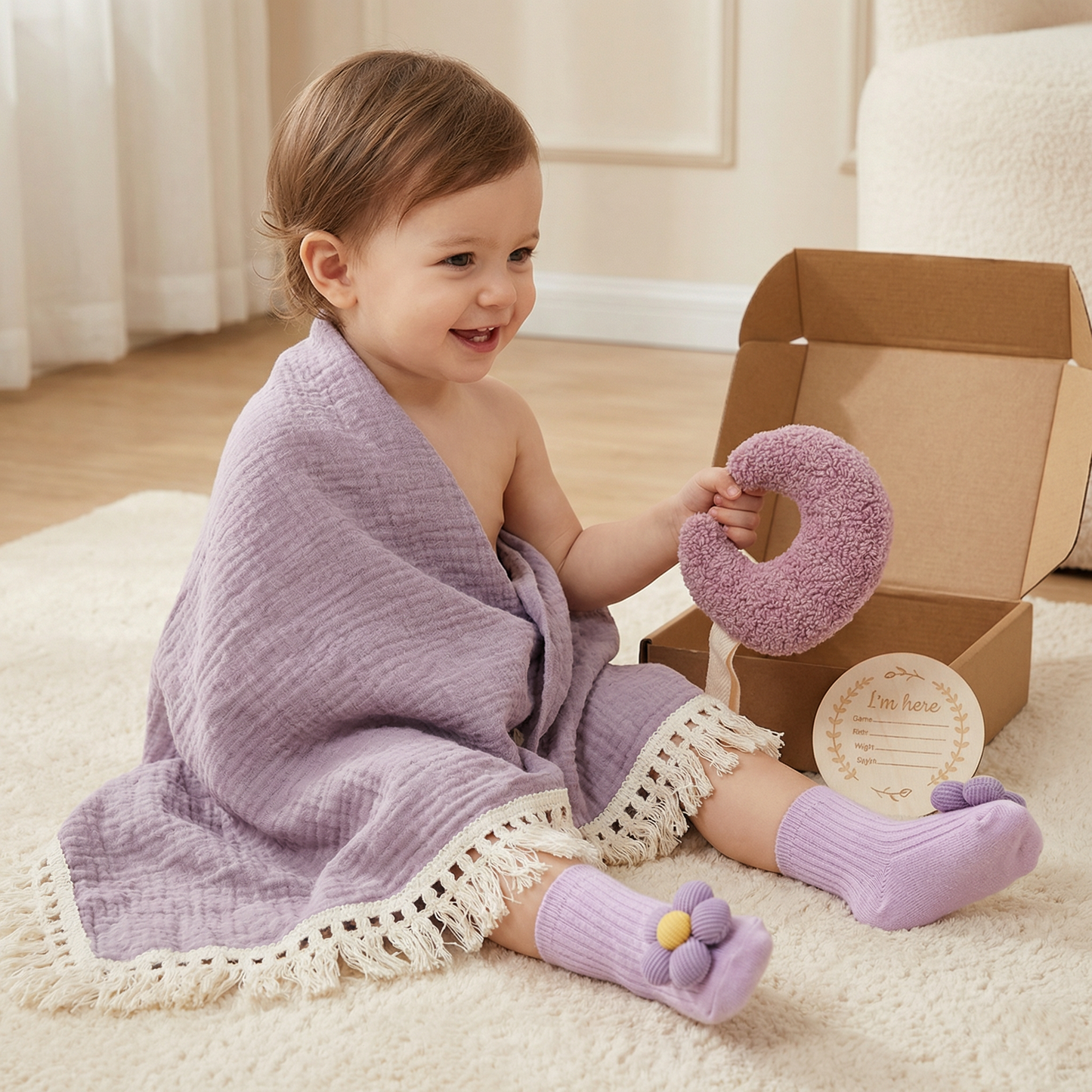 Baby Pflege Geschenkbox – Handtuch, Socken oder Haarband & Badebürste für Neugeborene