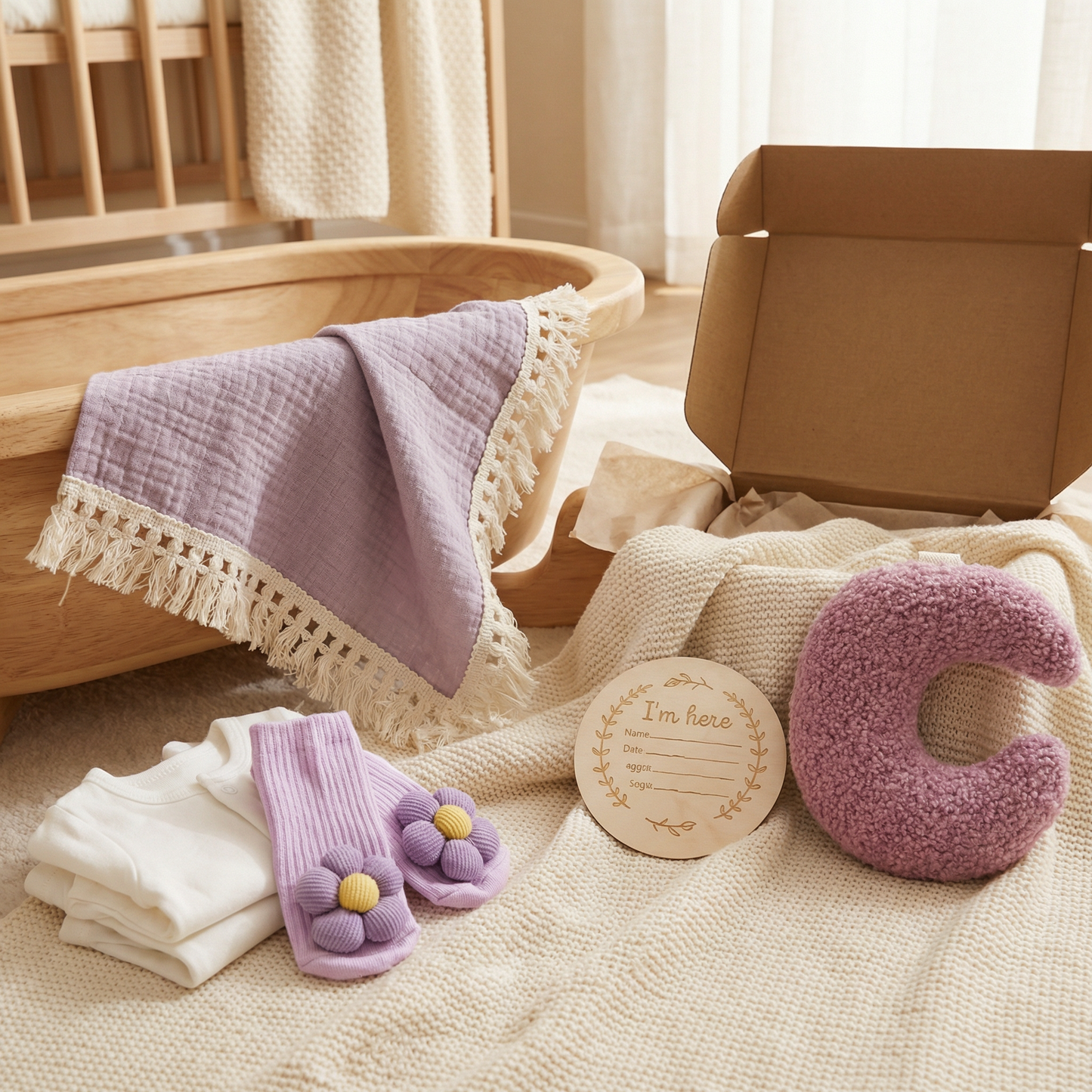 Baby Pflege Geschenkbox – Handtuch, Socken oder Haarband & Badebürste für Neugeborene