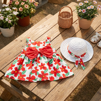 Sommerliches Trägerkleid Set für Baby- & Kleinkinder – Ärmelloses Kleid mit Schleife und Hut