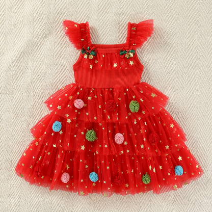 Weihnachtliches Tutu-Kleid für Mädchen mit Pompons, Paillettensternen & Rüschenärmeln