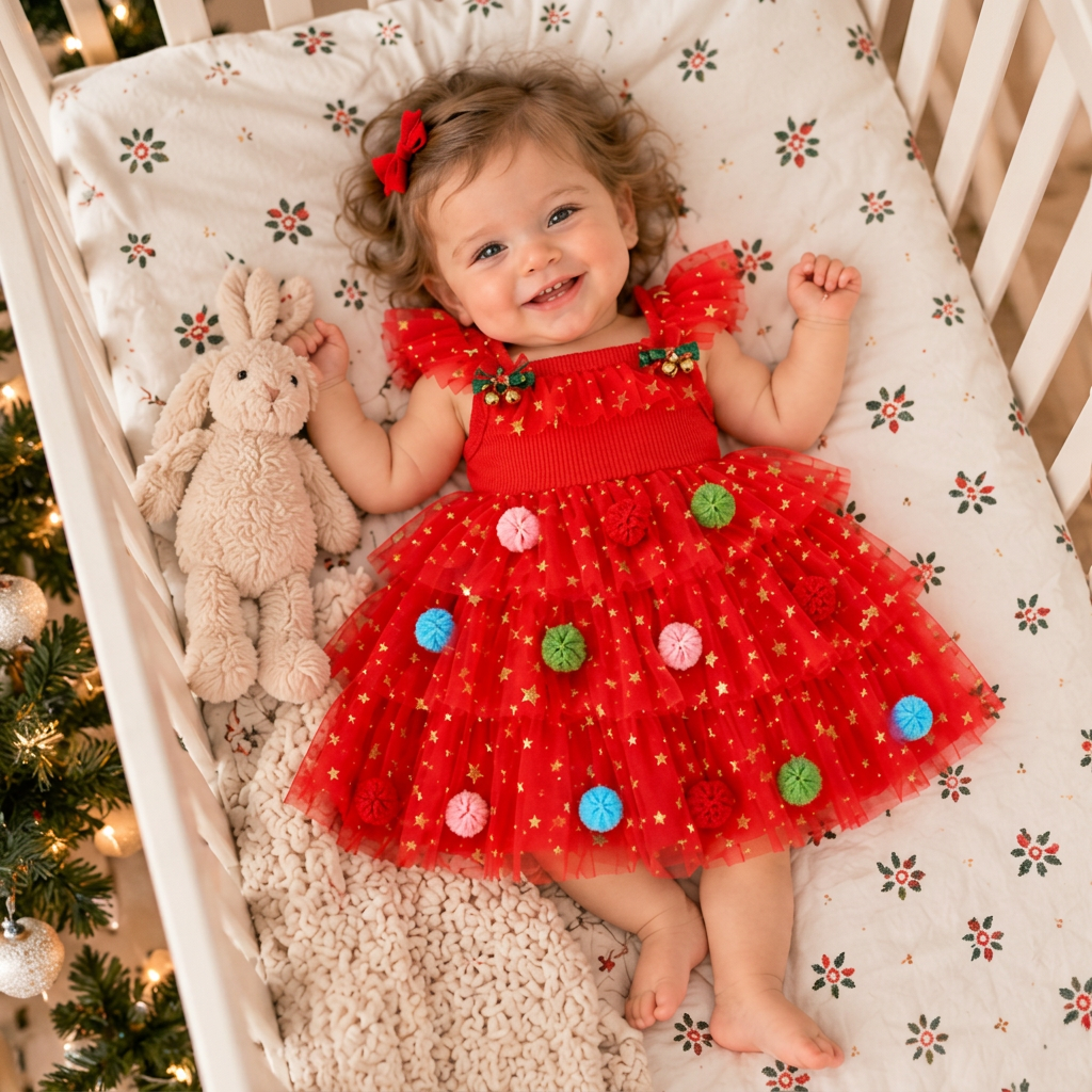 Weihnachtliches Tutu-Kleid für Mädchen mit Pompons, Paillettensternen & Rüschenärmeln