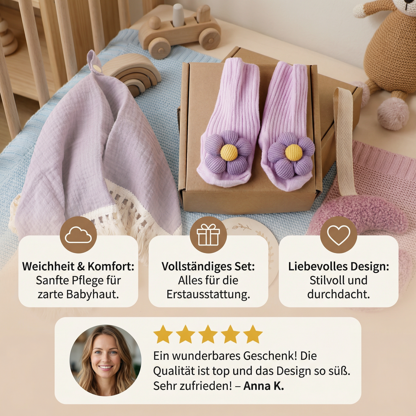 Baby Pflege Geschenkbox – Handtuch, Socken oder Haarband & Badebürste für Neugeborene