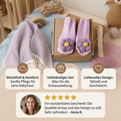Baby Pflege Geschenkbox – Handtuch, Socken oder Haarband & Badebürste für Neugeborene