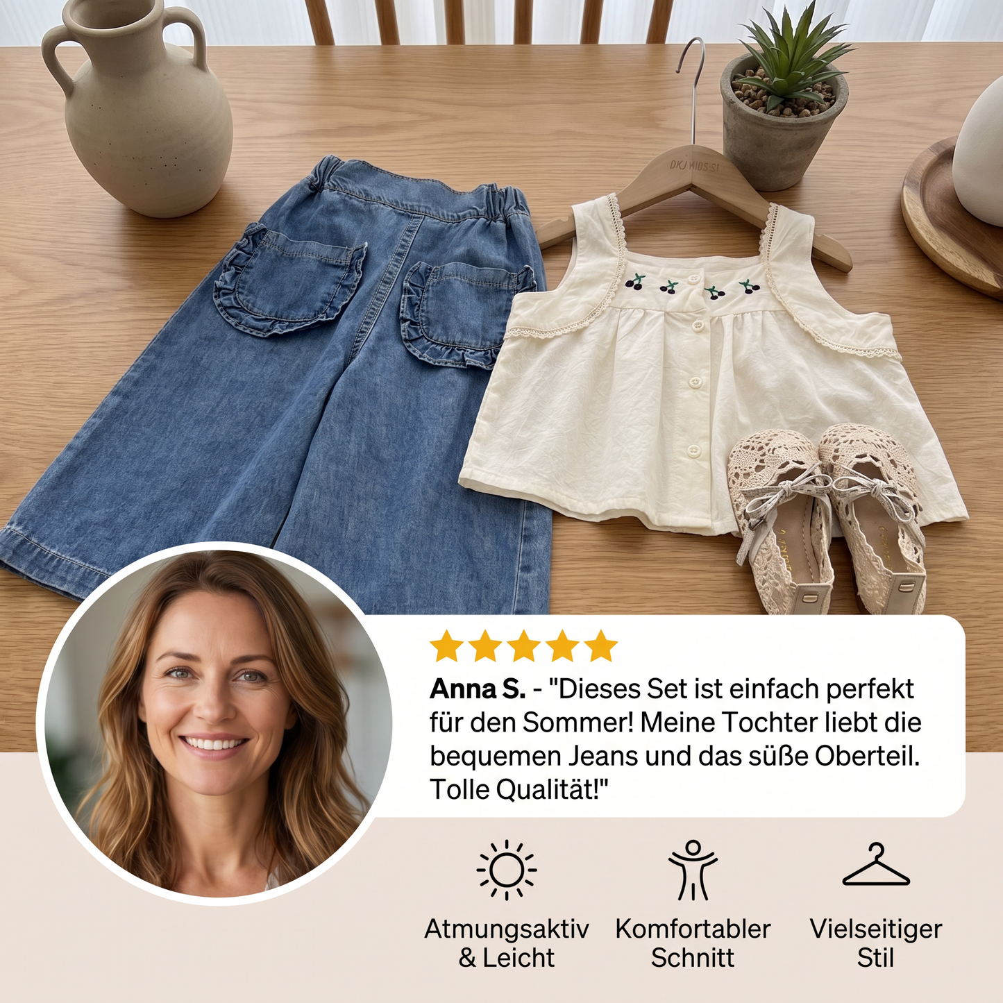 Sommerliches 2-teiliges Mädchen-Set – Ärmelloses Top mit Denim-Weitbein-Hose