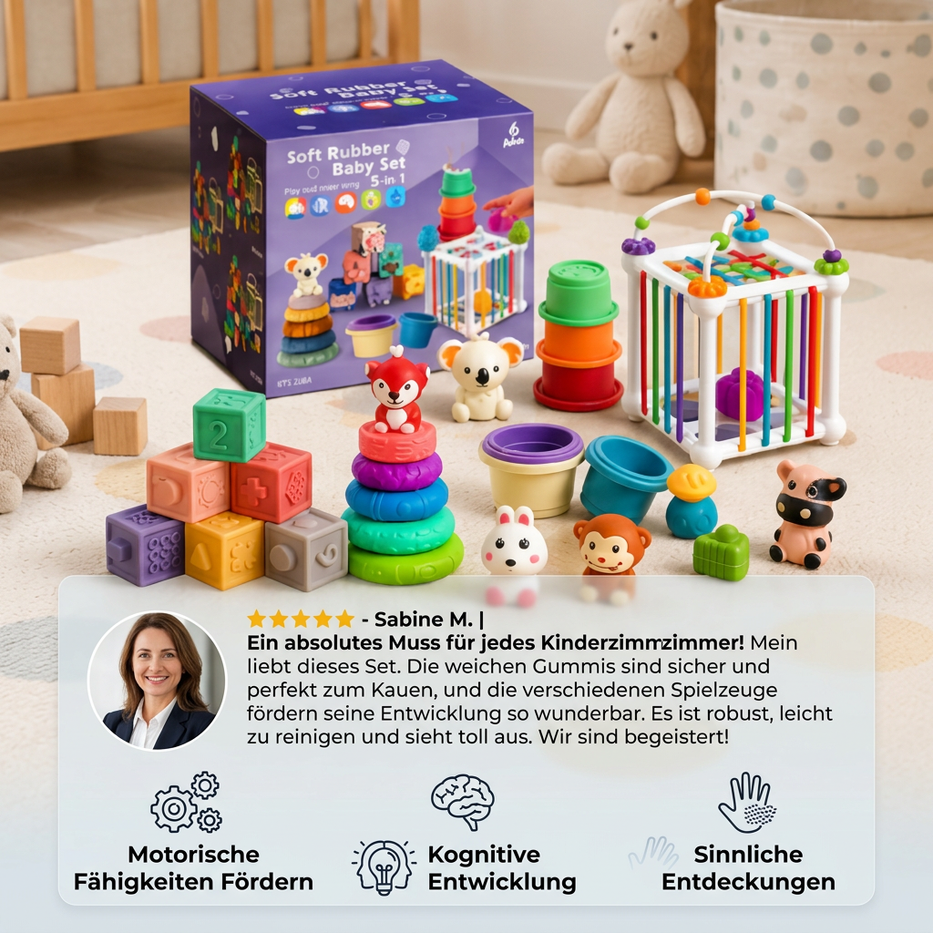 5-in-1 Montessori-Sensorik-Spielset für Babys aus weichem Gummi mit Stapel- & Sortierspielzeug – 26 Teile