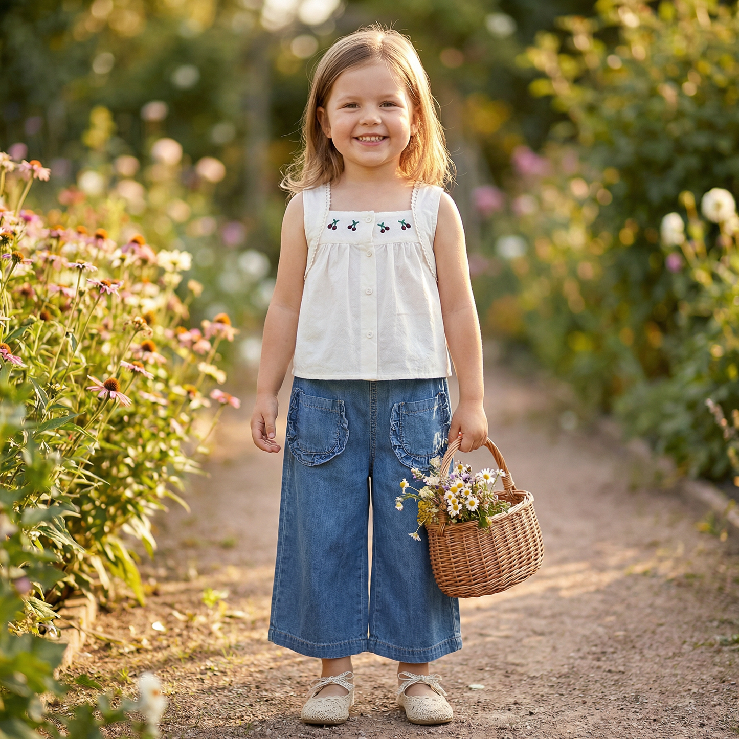 Sommerliches 2-teiliges Mädchen-Set – Ärmelloses Top mit Denim-Weitbein-Hose