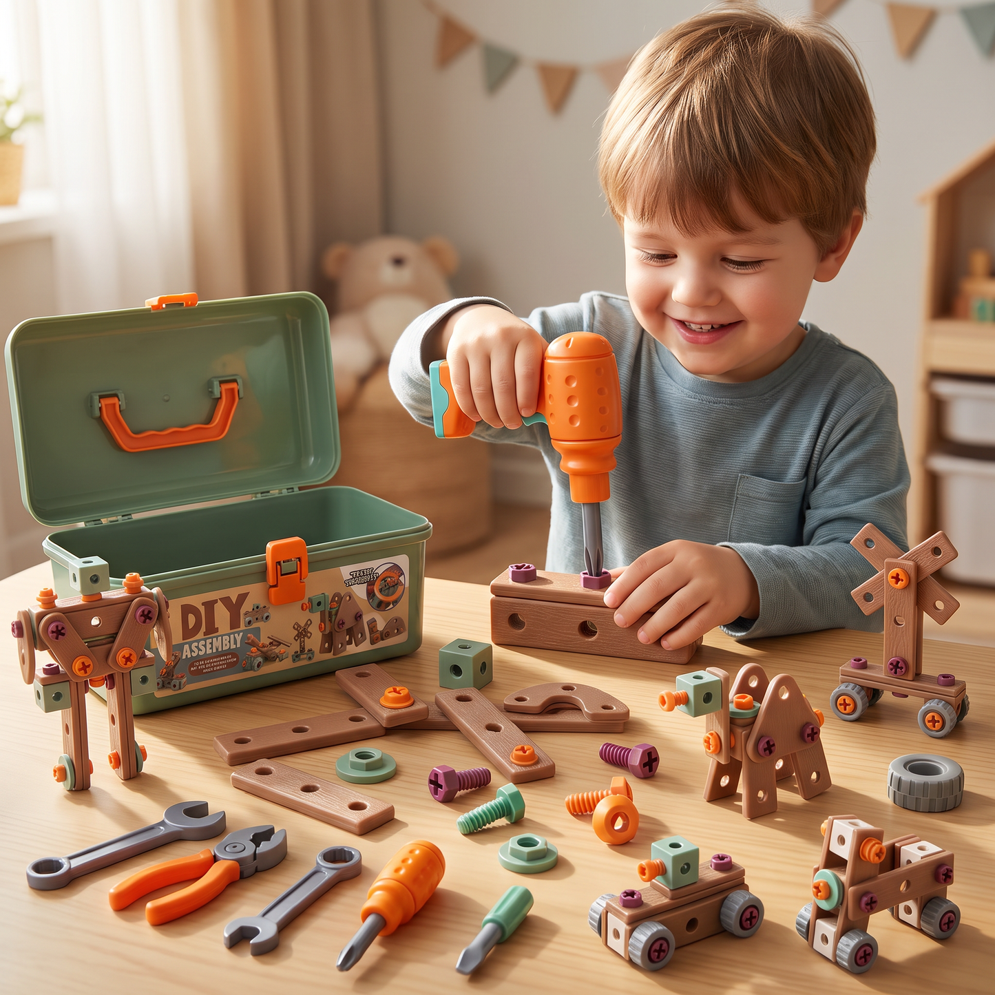144-teiliges Kinder-Werkzeugset mit Bohrmaschine & Werkzeugkoffer – STEM Montessori-Bauset