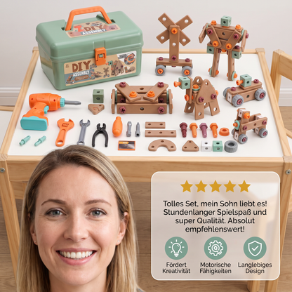 144-teiliges Kinder-Werkzeugset mit Bohrmaschine & Werkzeugkoffer – STEM Montessori-Bauset