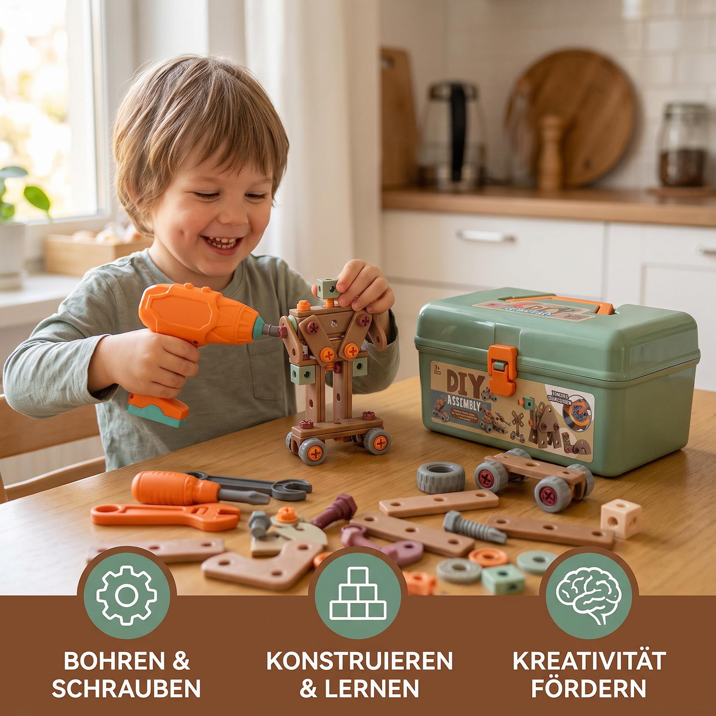 144-teiliges Kinder-Werkzeugset mit Bohrmaschine & Werkzeugkoffer – STEM Montessori-Bauset