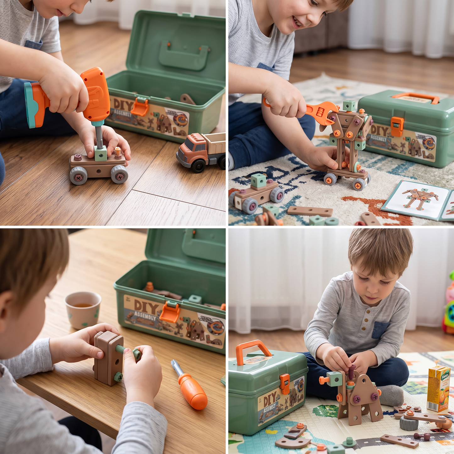 144-teiliges Kinder-Werkzeugset mit Bohrmaschine & Werkzeugkoffer – STEM Montessori-Bauset