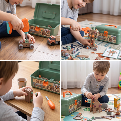 144-teiliges Kinder-Werkzeugset mit Bohrmaschine & Werkzeugkoffer – STEM Montessori-Bauset