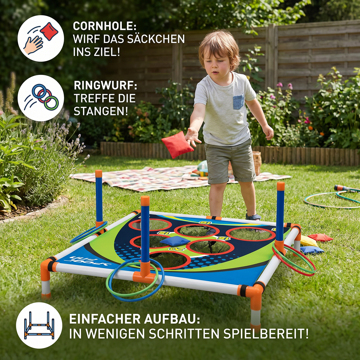 2in1 Cornhole & Ringe Wurfspiel Set – Einfach Aufzubauen, Perfekt für Garten & Reisen
