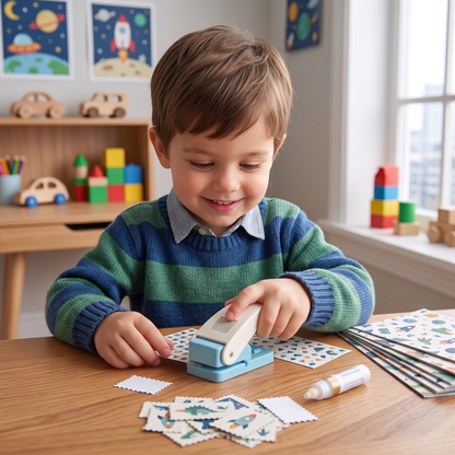 DIY-Papierstanzer im Briefmarken-Design für Kinderbasteleien